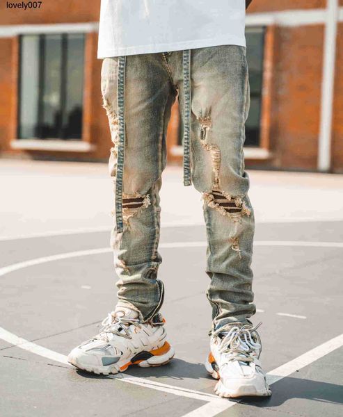 

dsigner men's amirs men's jeans worn catwhisker damaged knee big tear zipper jeans men's fashion, Blue