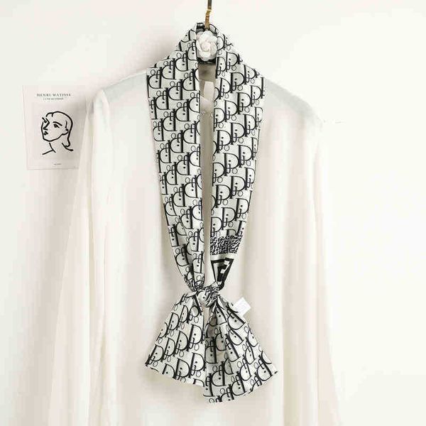 

m6wy hdfy silk scarf wide strip silk like women's spring autumn winter neck decoration with suit double hair belt high version category, Blue;gray