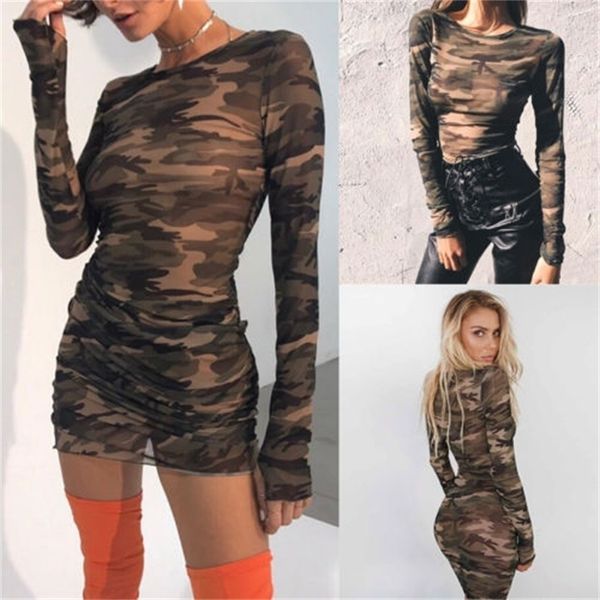 

casual dresses camo slim womens mesh club long sleeve see through bodycon evening party short mini 220926, Black;gray
