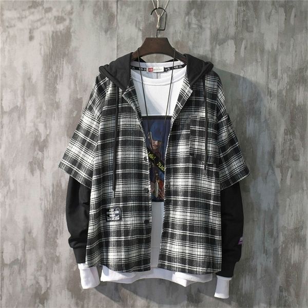

mens hoodies sweatshirts men emo harajuku fashion autumn alt hooded collar plaid stitching sweatshirt japanese hoodie drawstring oversized h, Black