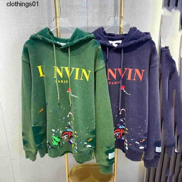 

lanvin high version early autumn new langjia sweatshirts washing old graffiti color ink letters 390g heavy terry hooded hoodie, Black