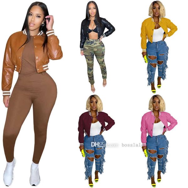 

retail women leather baseball jackets designer stand collar hip hop crop threaded stretch short coat winter windproof, Black;brown