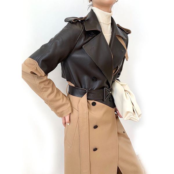 

women's leather faux leather women s jackets sheepskin coat for women autumn lapel contrasting color stitching slim fit lace up double, Black