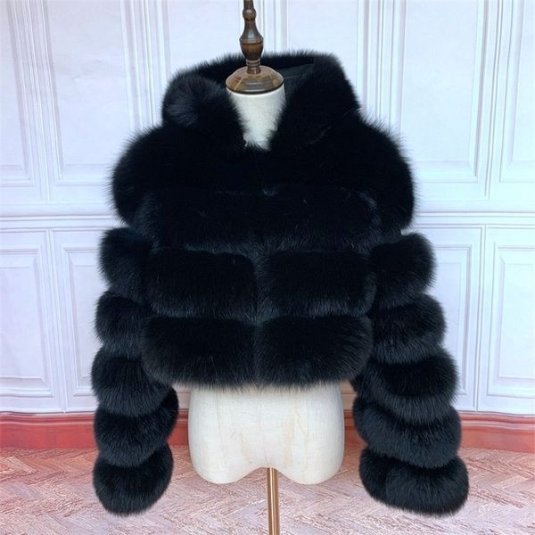 

women's fur faux 100%winter women real coat thick warm full sleeves natural fashion hooded short jacket 220927, Black