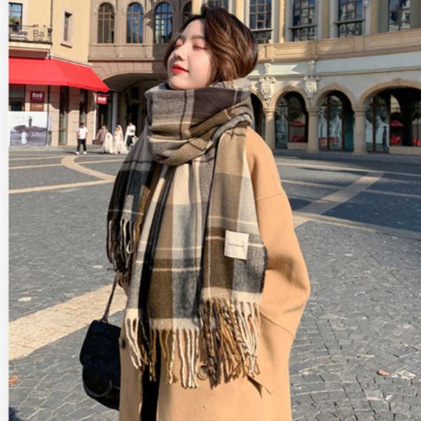

scarves plaid scarf women autumn winter warm cashmere double-sided shawl japan and korea new sweet pashmina stoles ladies outdoor hijab g220, Blue;gray