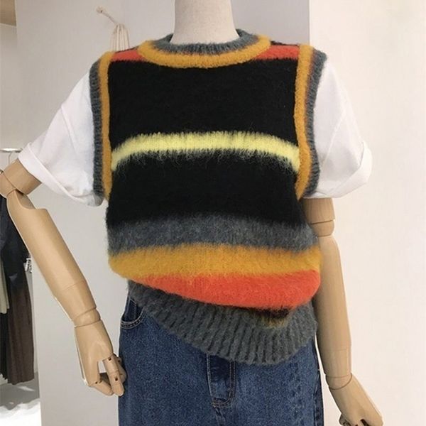 

women's vests chaleco mujer korean autumn contrast color o neck striped knitted sleeveless sweater retro pull y2k 220928, Black;white