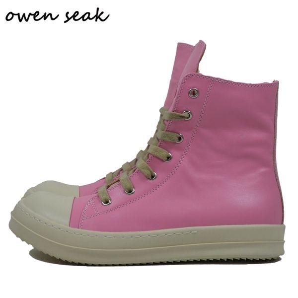 

boots owen seak women motorcycle leather men highluxury midcalf winter riding lace up casual sneakers zip flats pink shoes 220928, Black