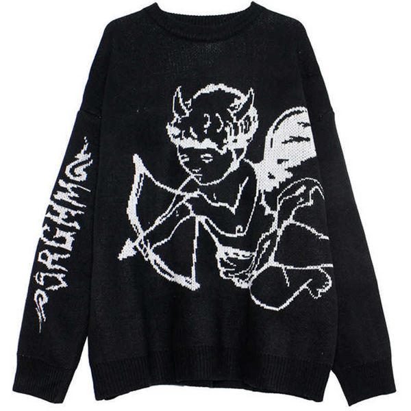 

men's sweaters harajuku knit sweater men cupid angel print round neck pullover hip hop vintage casual oversized jumpers streetwear spri, White;black