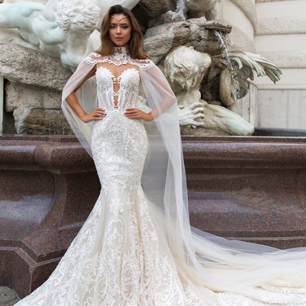 

plus size mermaid wedding dress arabic aso ebi sheer neck sweep train long sleeves bridal gowns dresses, White