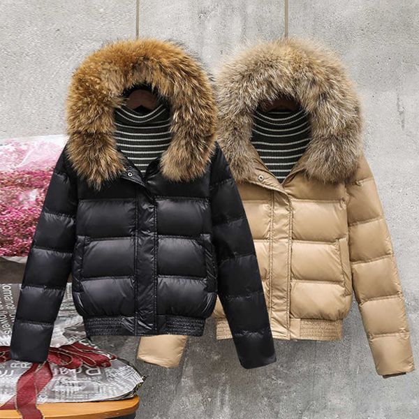 

women's down parkas fmfssom winter real raccoon fur feather jacket women hooded slim white duck down short coat black khaki warm snow o
