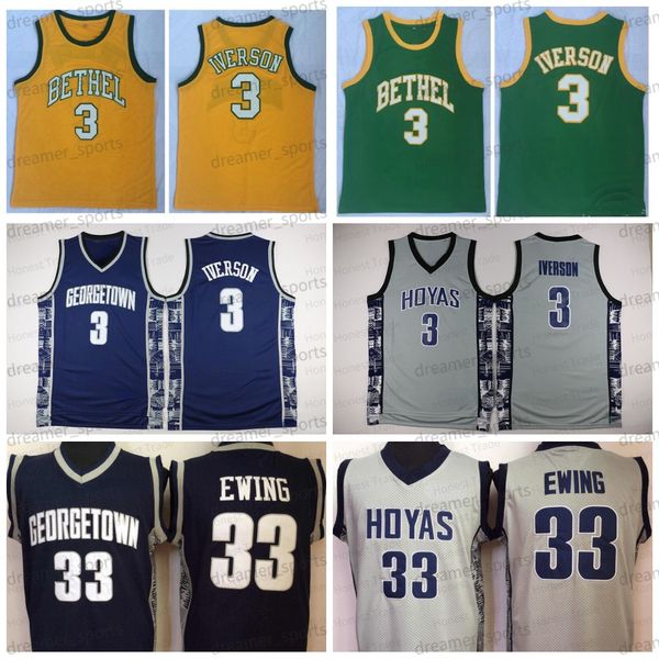 

3 allen iverson jersey bethel basketball georgetown hoyas 33 patrick ewing iverson high school jerseys green white yellow men wears, Black