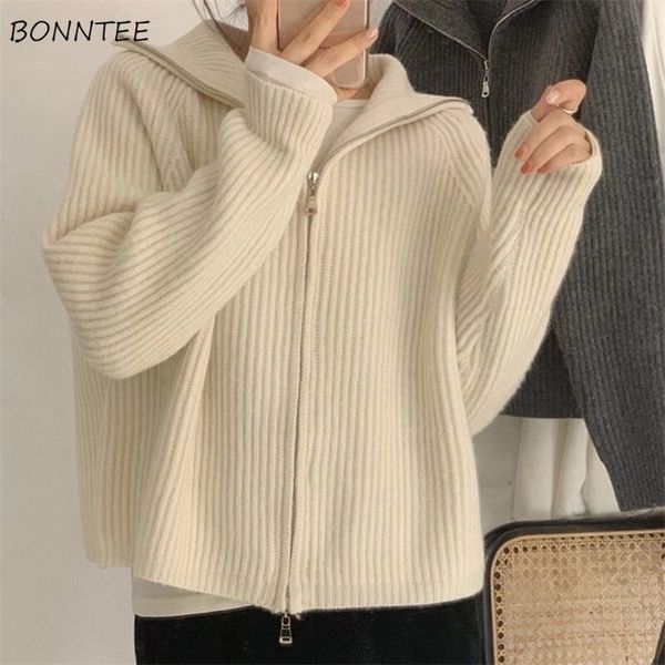 

women's knits tees sweater cardigan women spring solid vintage all-match elegant zipper loose daily soft sweet simple casual knitwear c, White