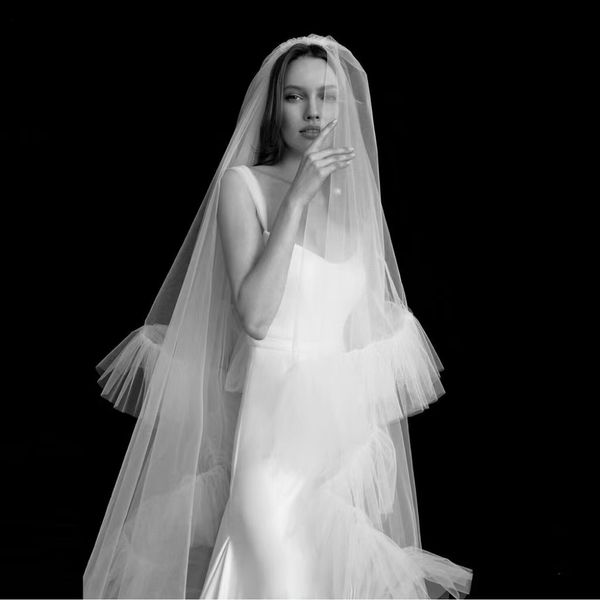 

new european and american bridal veil romantic flounce veil with hair combing yarn double wholesale zd117, Black