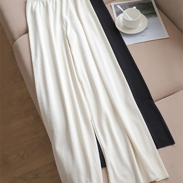 

women's pants capris wide-leg waist full-lenth loose white black casual long ice silk women trousers 220929, Black;white