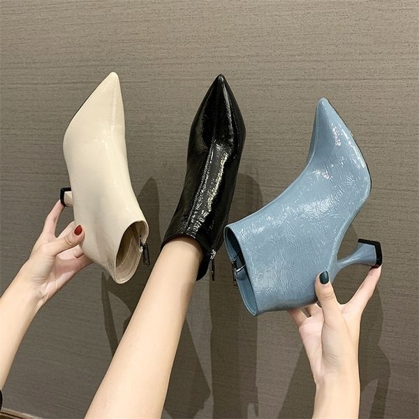 

boots sweet women thin high heels pointed toe ankle autumn side zip pu leather ladies short shoes spring elegant 220928, Black