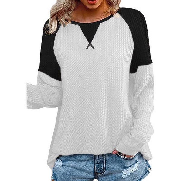 

womens t shirt waffle spliced round neck with long sleeve blouse, White