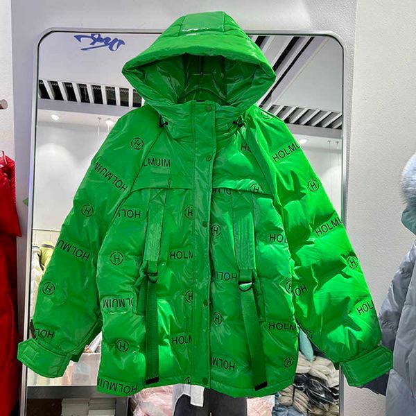 

women's down parkas winter clothes green puffer jacket women fashion short parkas bright candy color hooded thick warm letter white duc, Black