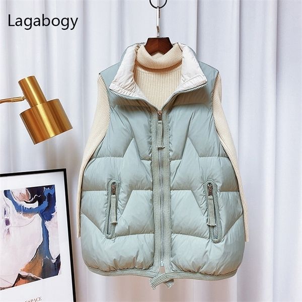 

women's vests lagabogy winter women sleeveless coat white duck down vest casual warm short puffer waistcoat female windproof gilet 2209, Black;white