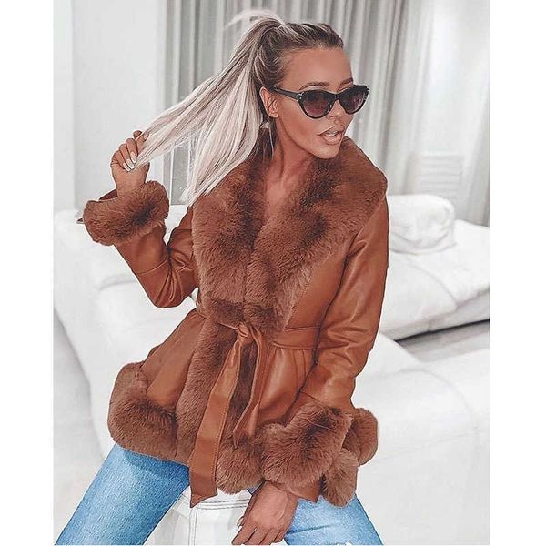 

women's fur faux fur jeyzy pu leather jackets women fashion tie belt waist short coats women elegant side pockets faux fur jackets fema, Black
