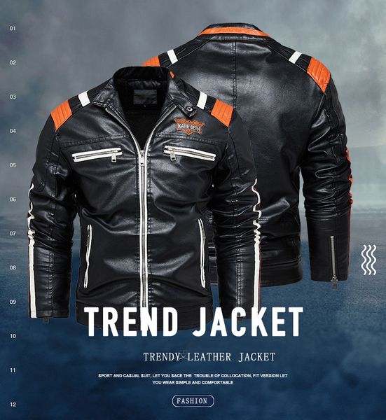 

winter new men leather jacket warm fleece mens motorcycle pu jackets zipper embroidery business outwear coats windbreaker, Black