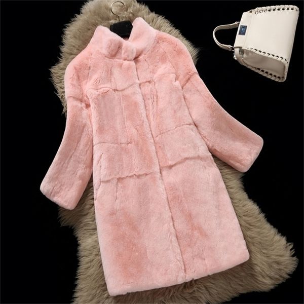 

women's fur faux winter stand collar whole skin natural rex fur coat female nine points sleeves long outerwear coats women's cloth, Black