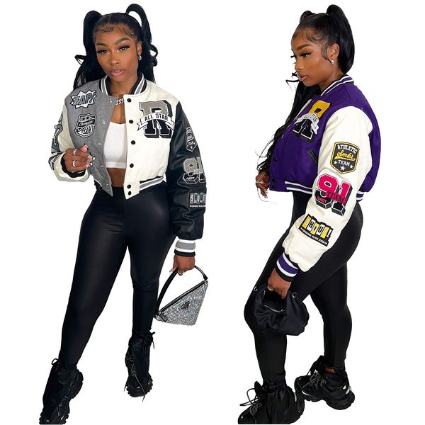 

fashion women letter print double threaded baseball jacket girl varsity coat desinger cropped patchwork button letterman jackets, Black;brown