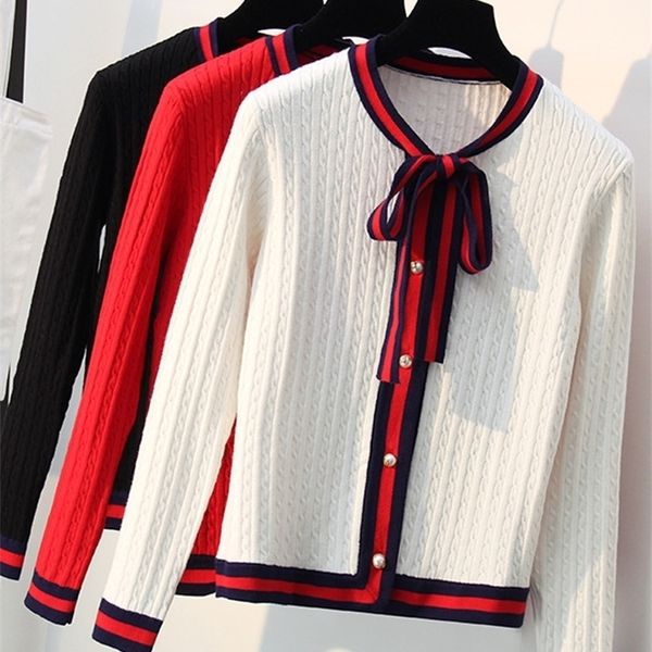 

women's knits tees xisteps women thick knitted cardigan sweater elegant bow tie pearl button o neck female autumn winter coat ladies st, White