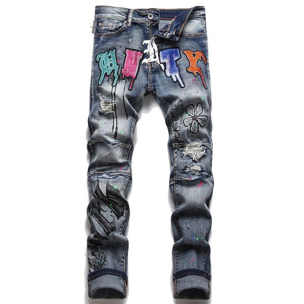 

men's jeans men's jeans printing trousers for men streetwear ripped denim pants trend brand casual solid biker destroyed hole slim, Blue