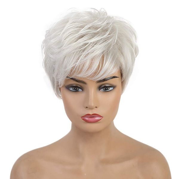

women short curly wavy silver gray wig synthetic hair full wigs natural looking, Black