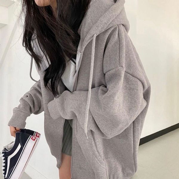 

women's hoodies sweatshirts women hoodies solid color zip up pocket oversized harajuku korean sweatshirts female long sleeve hooded str, Black