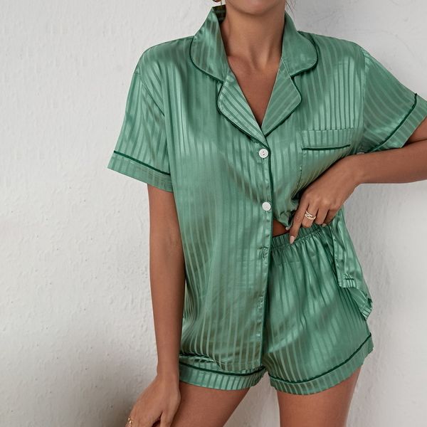 

women's sleepwear silk pajamas for women sweet striped pyjamas woman elegant short sleeve short pants homewear ladies leopard sleepwear, Black;red