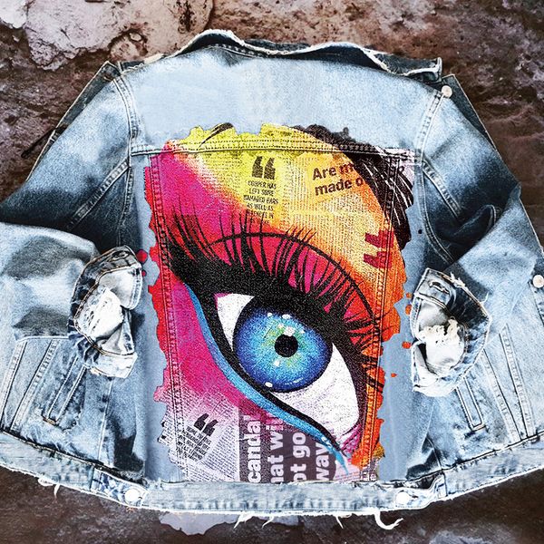 

autumn new women's high street fashion lapel denim jacket personality hip hop eyelashes eye print pattern, Black;brown