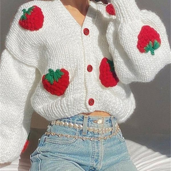 

women's knits tees cute strawberry kintted long sleeve loose single breasted coat women autumn fashion thicken warm cardigan sweater st, White