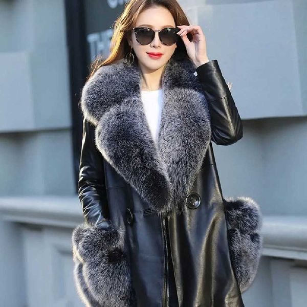

women's fur faux pu leather jacket coat mid-length 2022 plus cotton velvet big collar t220928, Black