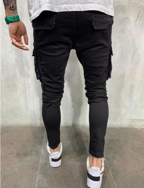 

new men's pocket ripped tooling skinny jeans / purchase protection, Blue