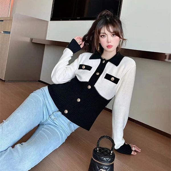 

918 2022 milan runway autumn women's sweaters long sleeve women's lapel neck black cardigan meiyi, White;black