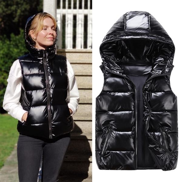 

women's vests women winter hooded bright color vest thick warm wtaerproof cotton padded jacket sleeveless coat female waistcoat 220928, Black;white