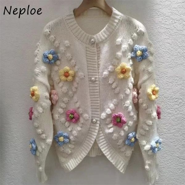 

womens knits tees neploe y2k clothes sweater women o neck solid color long sleeve outerwear stereo flower singlebreasted cardigan mujer 2209, White