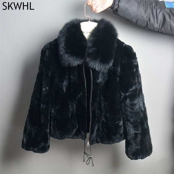 

womens fur faux women winter thick natural real rex rabbit coat lady warm quality 100% genuine jacket with collar 220929, Black