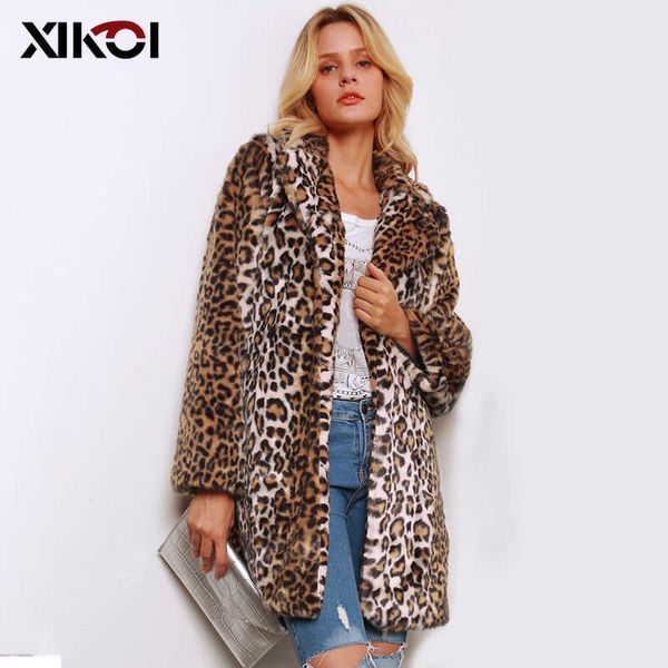

women's fur faux 2021 leopard print coat women winter thicken long trench elegant female overcoat turn down collar jacket t220928, Black