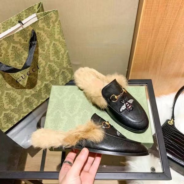 

women princetown loafers fur slippers sandals half slipper pattern slides autumn winter warm wool classic metal buckle embroidery men leathe, Black
