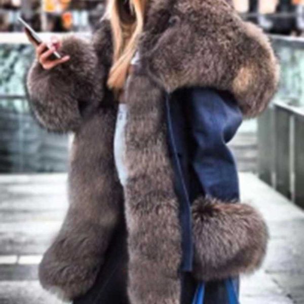 

women's fur faux 2021 x-long waterproof winter women coat collar hood big outerwear detachable hoodie jacket t220928, Black