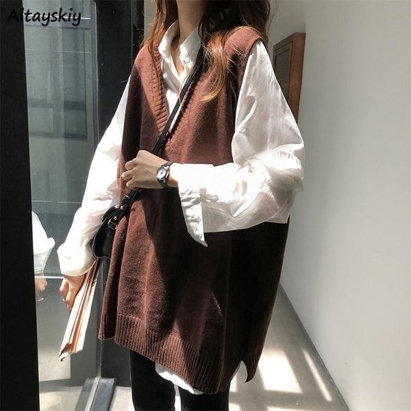 

women's vests women sweater vest solid v-neck loose knitted sleeveless sweaters female simple elegant office ladies ulzzang chic 220928, Black;white