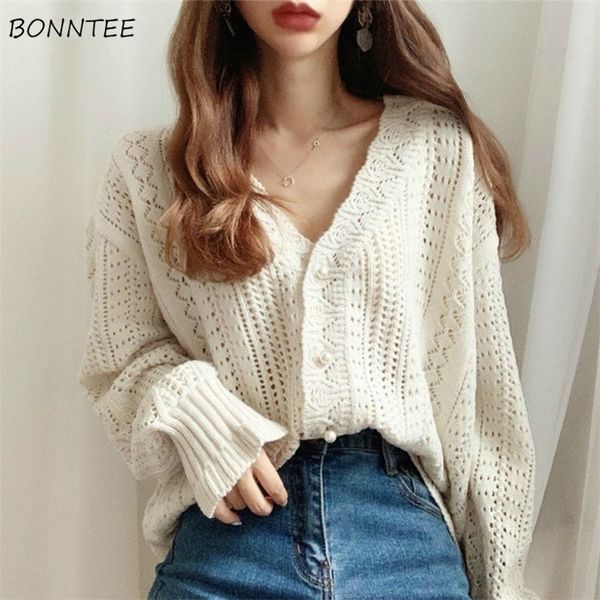 

women's knits tees cropped cardigan women spring chic hollow out elegant vneck korean vintage femme jumper white sweet girls pearls lad