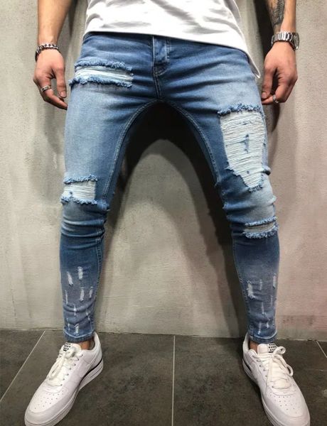 

men's ripped knee skinny jeans /length long length / details ripped, Blue