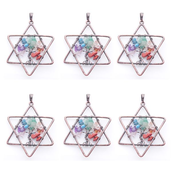 

natural chips gem stone 7 chakra reiki tree of life pendants women man jewelry five pointed star metal copper n3810, Silver