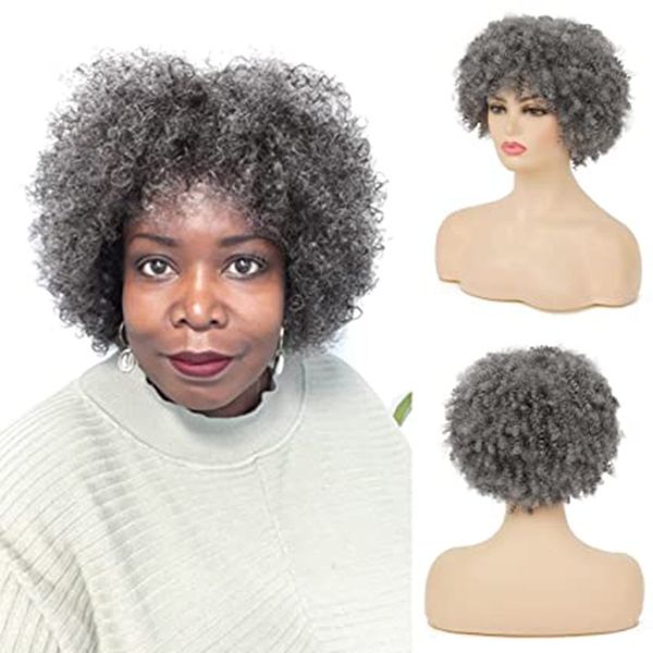 

salter and pepper grey kinky bang wig short gray afro for black women natural human curly daily wigs custom two tone mixed glueless cap, Black;brown