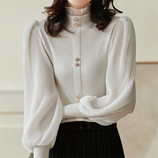 

women's knits tees ljsxls autumn elegant chiffon patchwork turtleneck sweater women winter korean knitted long sleeve pullovers femme, White