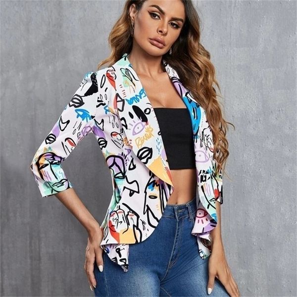 

women's suits blazers vintage chic irregular printing blazer women jacket high street fashion spring elegant lady coat american stylish, White;black