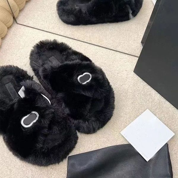 

slippers luxury womens slides girl flip flop slipper fashion women designer fur flat logo soft warm winter real fur fluffy furry fuzzy size, Black